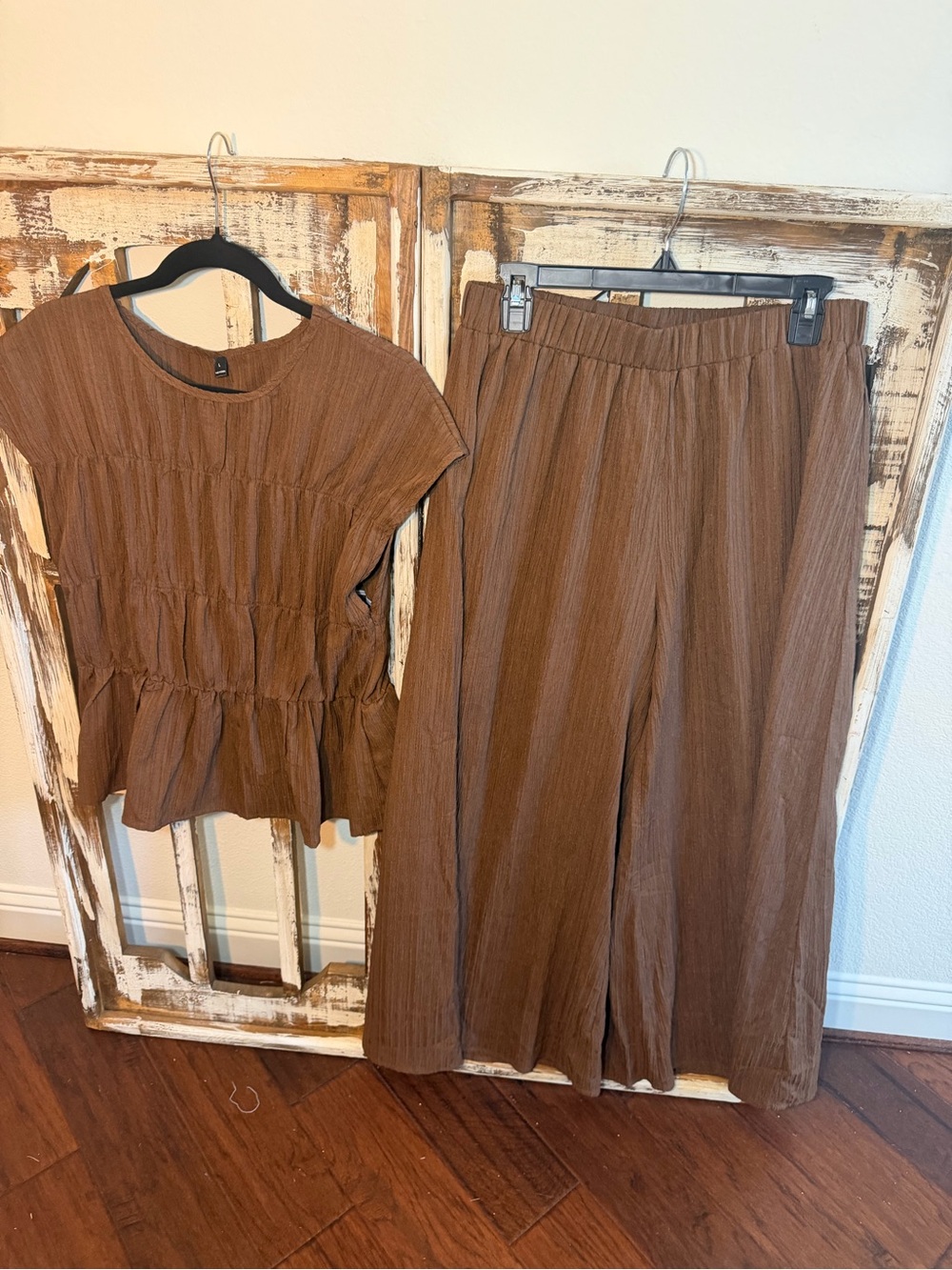 SHEIN NWOT Women's Brown Wide-Leg Pants - Casual Pull-Over Comfort Top Set